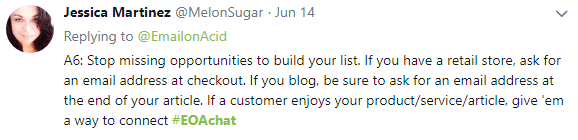 Tweet from Jessica Martinez about what to avoid when building an email list 
