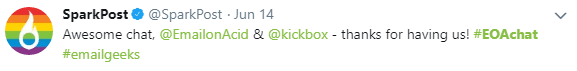 Tweet from SparkPost about #EOAchat